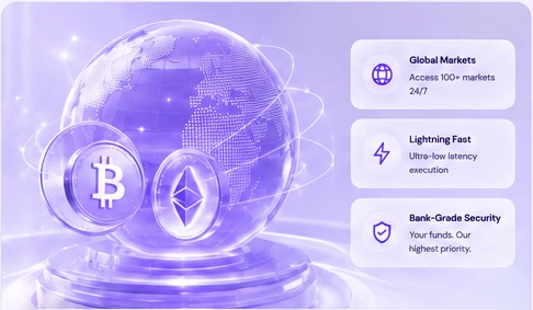 Purple global markets illustration with Bitcoin and Ethereum